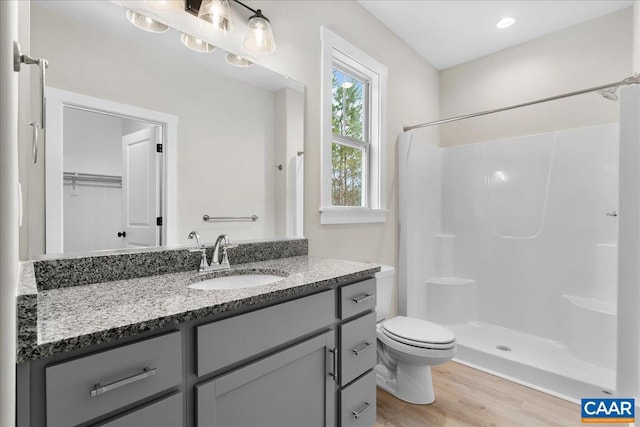 bathroom with vanity, toilet, walk in shower, and wood-type flooring