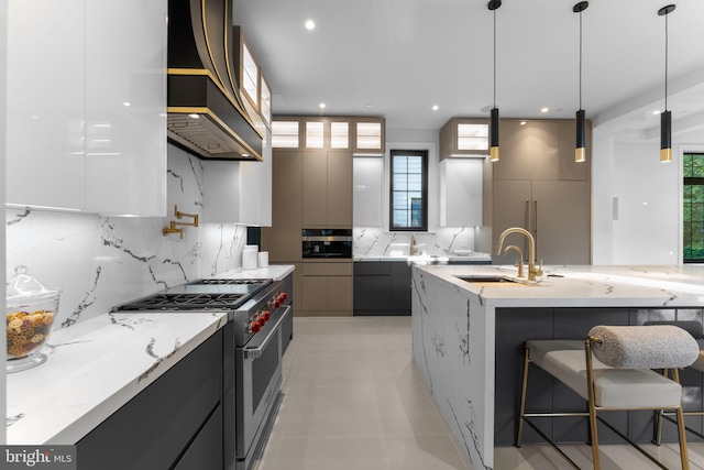 3819 NW Albemarle St NW, Washington, DC 20016 - kitchen featuring modern cabinets, high end stainless steel range, wall chimney exhaust hood, decorative backsplash, and healthy amount of natural light
