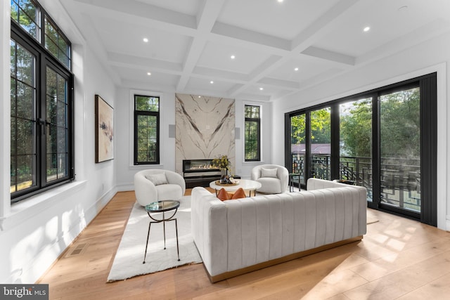 3819 NW Albemarle St NW, Washington, DC 20016 - living area with a premium fireplace, recessed lighting, coffered ceiling, beam ceiling, and light wood finished floors
