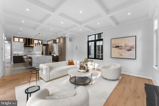 3819 NW Albemarle St NW, Washington, DC 20016 - living area with coffered ceiling, light wood-style floors, recessed lighting, and beam ceiling