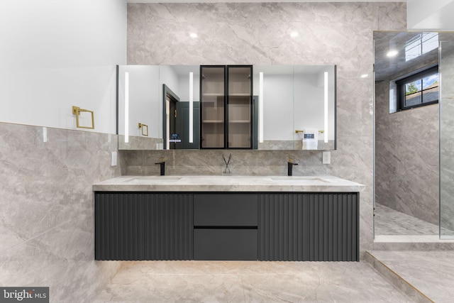 3819 NW Albemarle St NW, Washington, DC 20016 - full bathroom with double vanity, tile walls, and a walk in shower