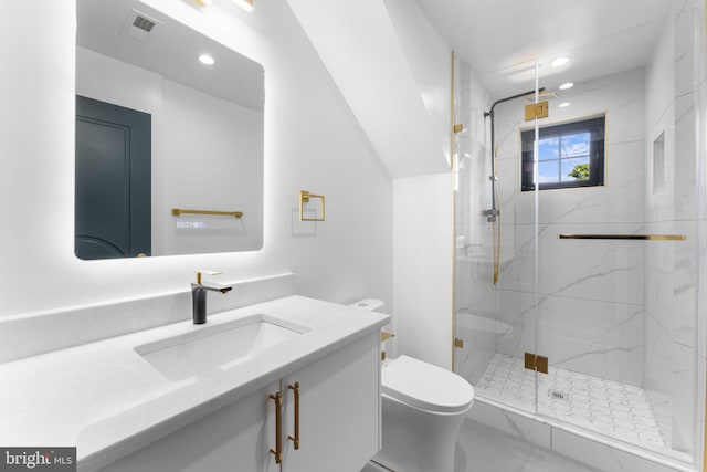 3819 NW Albemarle St NW, Washington, DC 20016 - bathroom with a marble finish shower, vanity, and recessed lighting