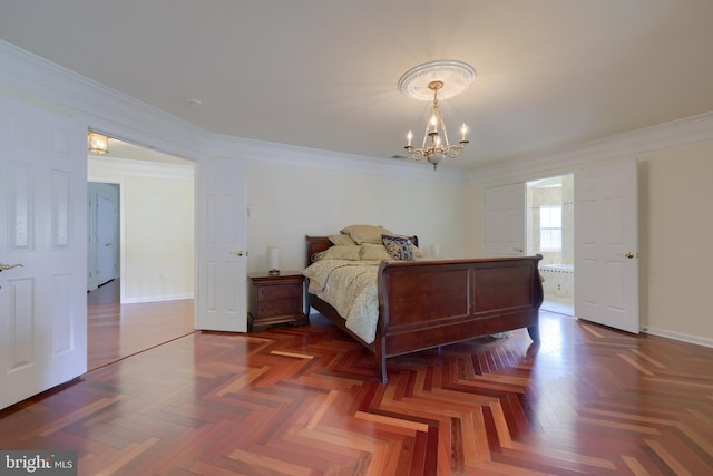 bedroom with an inviting chandelier, crown molding, and dark parquet floors