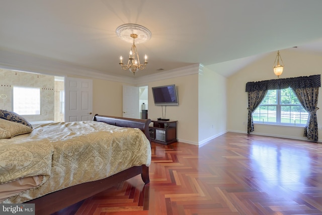 bedroom featuring crown molding, dark parquet flooring, and a notable chandelier