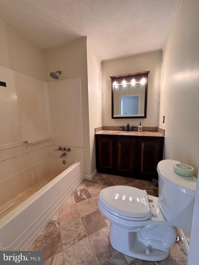 full bathroom featuring toilet, crown molding, shower / bathing tub combination, a textured ceiling, and vanity