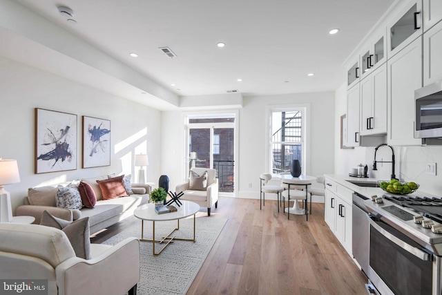 living room featuring sink and light hardwood / wood-style floors