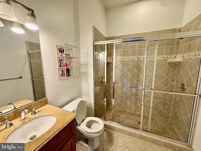 bathroom featuring an enclosed shower, toilet, tile patterned floors, and vanity