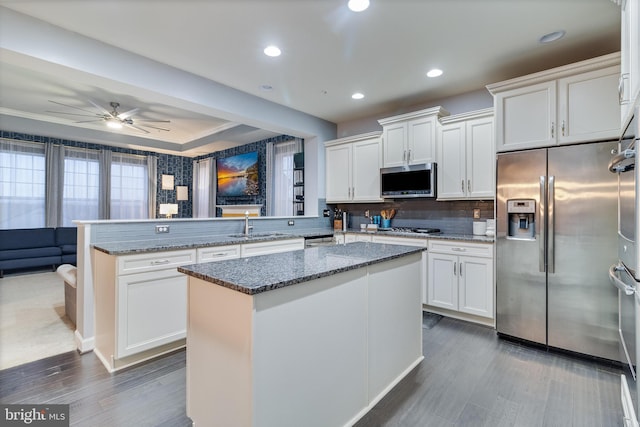 kitchen with white cabinetry, tasteful backsplash, kitchen peninsula, a kitchen island, and stainless steel appliances