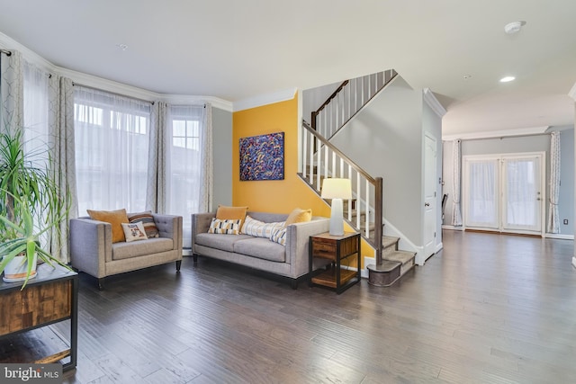 living room featuring crown molding and wood-type flooring