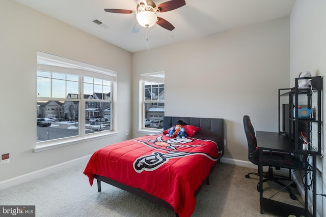 bedroom featuring carpet floors and ceiling fan