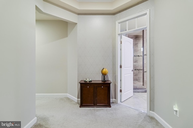 hall featuring light carpet and ornamental molding