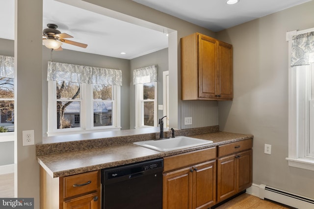 kitchen featuring ceiling fan, a baseboard radiator, black dishwasher, and sink