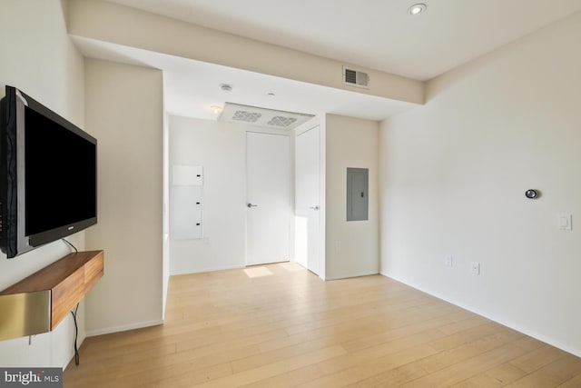 unfurnished living room with electric panel and light hardwood / wood-style floors