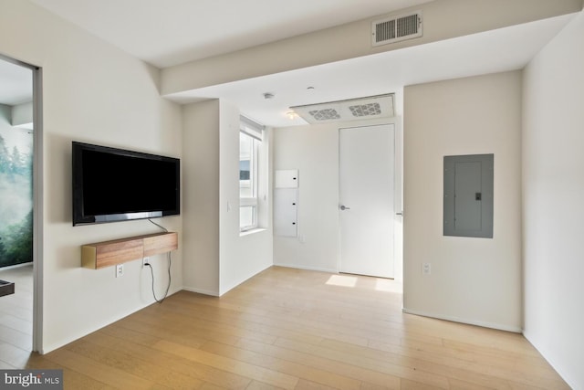 unfurnished living room with electric panel and light hardwood / wood-style flooring