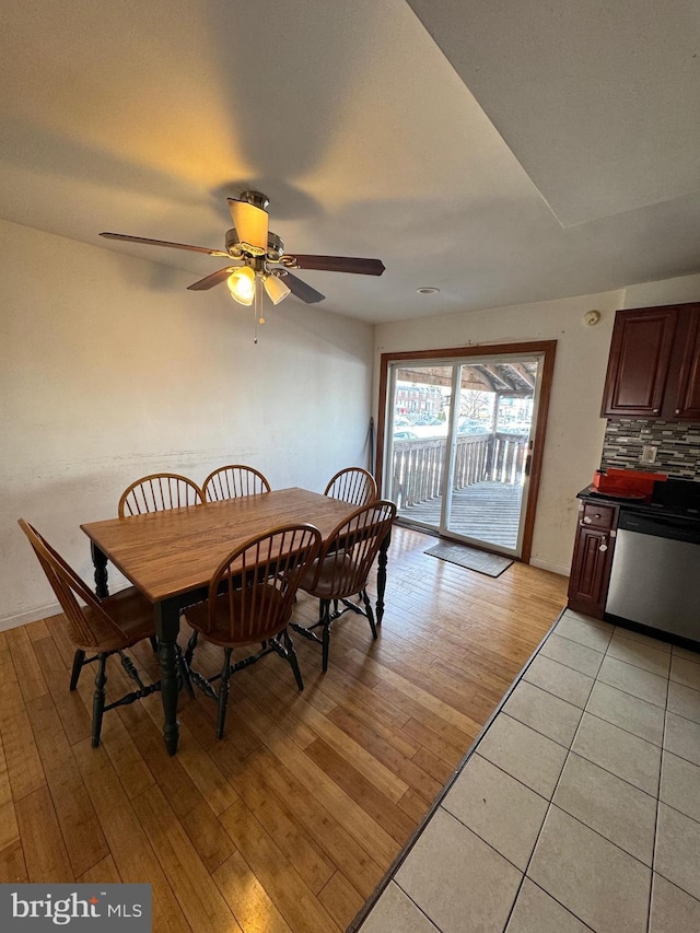 dining room with ceiling fan and light hardwood / wood-style flooring