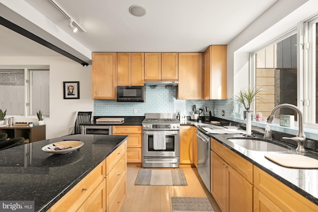 kitchen with light hardwood / wood-style floors, dark stone counters, sink, backsplash, and stainless steel appliances