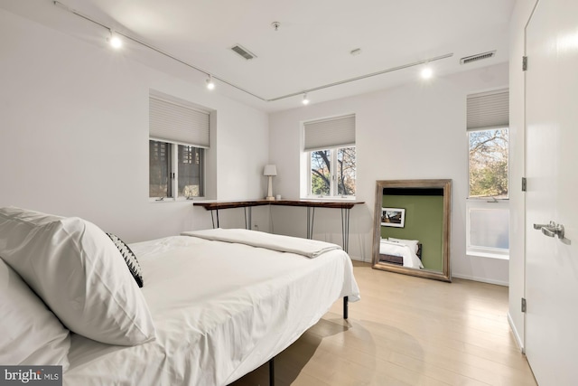 bedroom featuring multiple windows and light hardwood / wood-style flooring