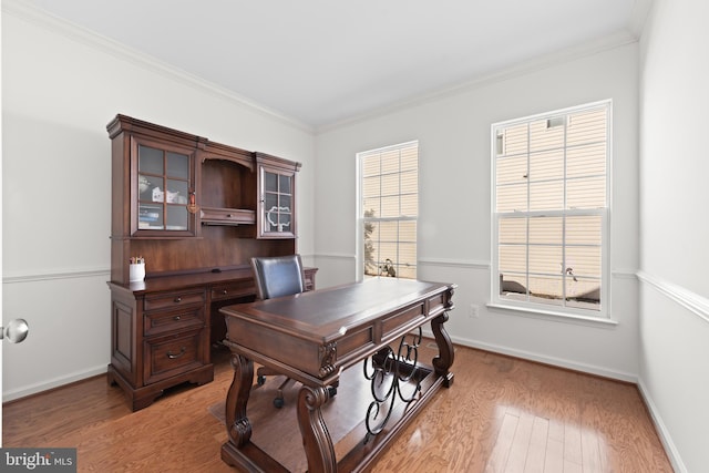 office with wood-type flooring and ornamental molding