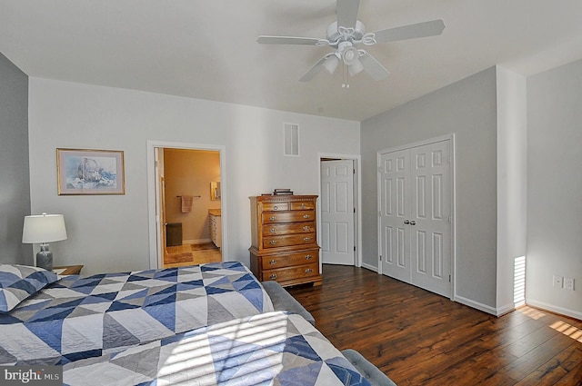 bedroom with dark hardwood / wood-style floors, ceiling fan, and ensuite bathroom