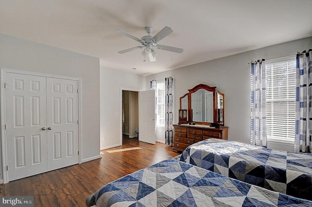 bedroom featuring multiple windows, ceiling fan, dark hardwood / wood-style flooring, and a closet