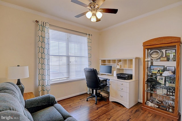 office area featuring crown molding, hardwood / wood-style floors, and ceiling fan