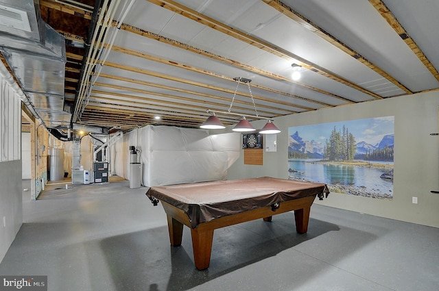 playroom with billiards, concrete flooring, and heating unit