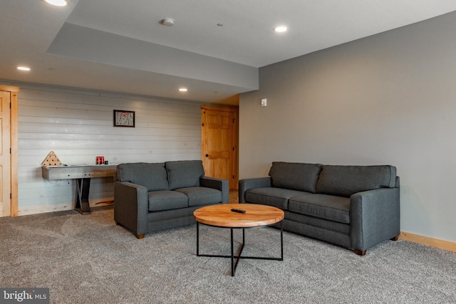 living room featuring wooden walls and carpet