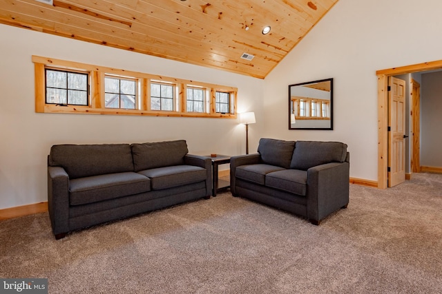 carpeted living room with plenty of natural light, wooden ceiling, and high vaulted ceiling