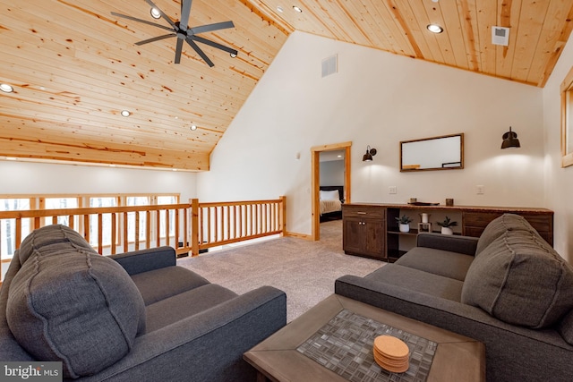 carpeted living room featuring ceiling fan, wooden ceiling, and high vaulted ceiling