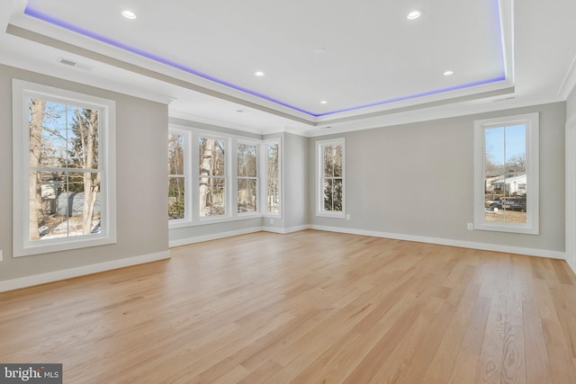 interior space featuring a raised ceiling, ornamental molding, and light hardwood / wood-style floors