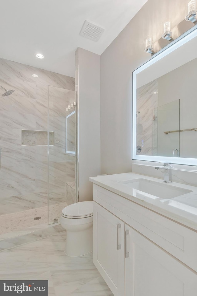 bathroom with vanity, toilet, and walk in shower