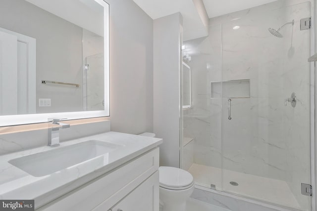 bathroom featuring toilet, vanity, and an enclosed shower