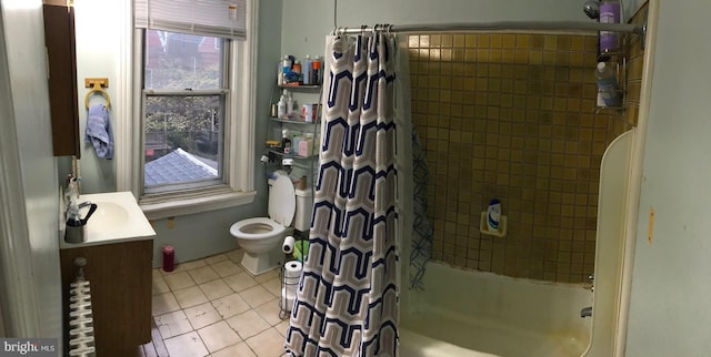 full bathroom with toilet, vanity, shower / bath combo, and tile patterned flooring