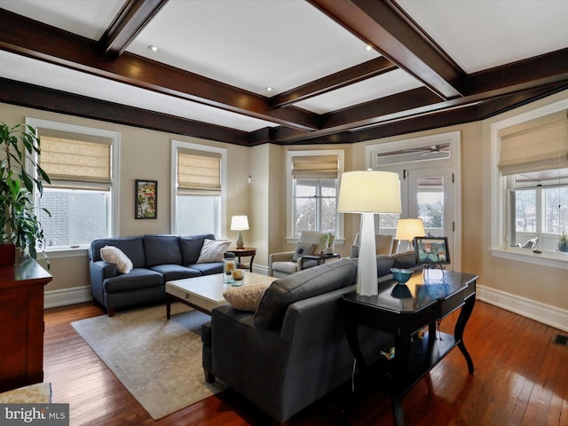 living room featuring wood-type flooring, coffered ceiling, beamed ceiling, and french doors