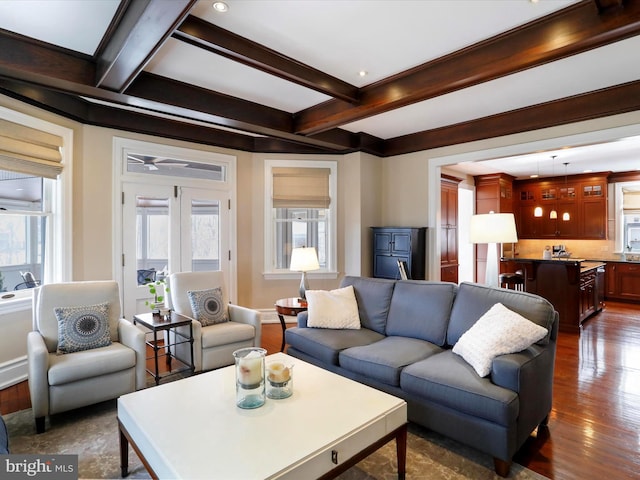 living room with a wealth of natural light, beam ceiling, and dark hardwood / wood-style floors