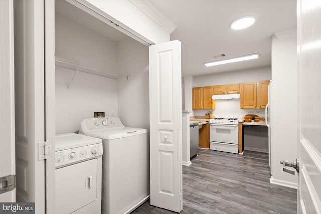 washroom featuring hardwood / wood-style flooring and washing machine and clothes dryer