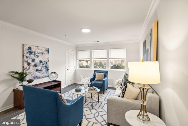 living room with hardwood / wood-style flooring and ornamental molding