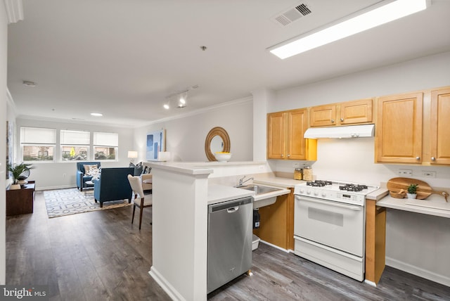 kitchen with white gas stove, stainless steel dishwasher, dark hardwood / wood-style flooring, and kitchen peninsula