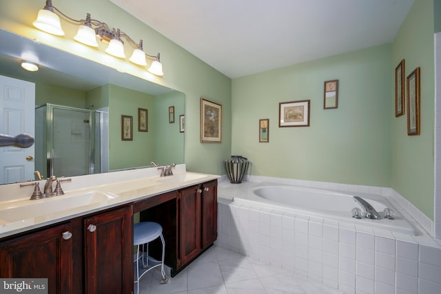 bathroom with vanity, tile patterned floors, and plus walk in shower