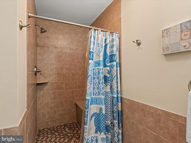 bathroom with walk in shower and tile walls