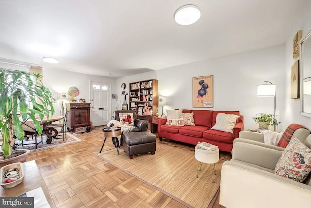 living room with parquet flooring