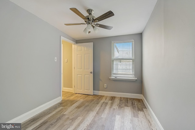 unfurnished room with ceiling fan and light hardwood / wood-style floors