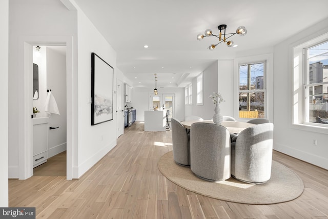 dining room featuring light hardwood / wood-style flooring and a notable chandelier