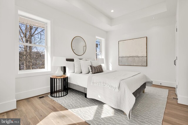 bedroom featuring a raised ceiling, light hardwood / wood-style flooring, and multiple windows