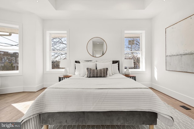 bedroom with multiple windows, light wood-type flooring, and a tray ceiling