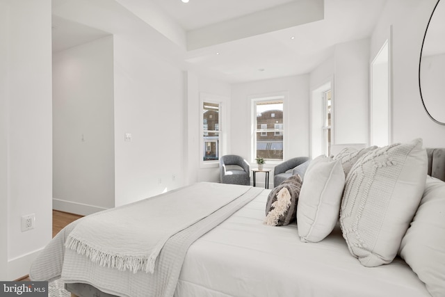 bedroom featuring light hardwood / wood-style floors and a raised ceiling