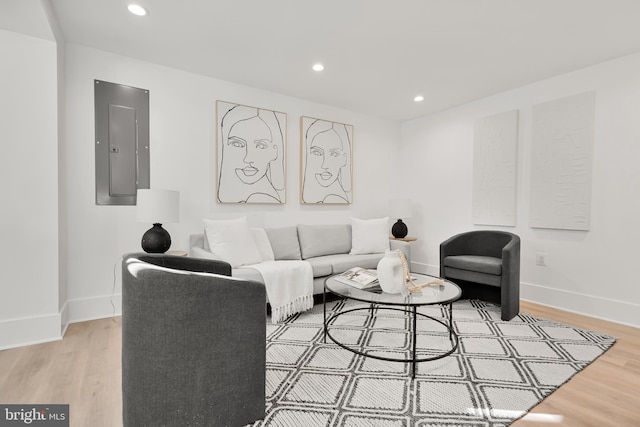 living room with electric panel and hardwood / wood-style floors