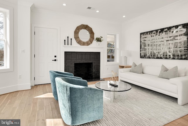 living room featuring light hardwood / wood-style flooring, a healthy amount of sunlight, crown molding, and a fireplace