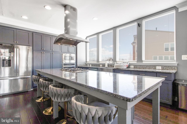 kitchen featuring dark wood-type flooring, island exhaust hood, appliances with stainless steel finishes, and stone countertops