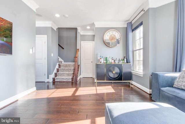 sitting room with dark hardwood / wood-style floors and crown molding